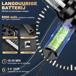 Draadloze Handstofzuiger - Mini Auto Stofzuiger - 4-in-1 Stofblazer - 25.000 Pa Zuigkracht - Borstelloze Motor - 6000mAh Batterij - 1-Touch Leegmaken - EVA Tas - Voor Auto en Thuis - Zwart — thumbnail 4