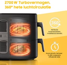 AIMASON ADS5353A Vertical Dual Zone Airfryer - 10L XXL Digitale Heteluchtfriteuse met 2 onafhankelijke manden - 2700W Snelle verwarming - 6 programma's - 30-230°C - Ruimtebesparend ontwerp - Receptenbook — thumbnail 4