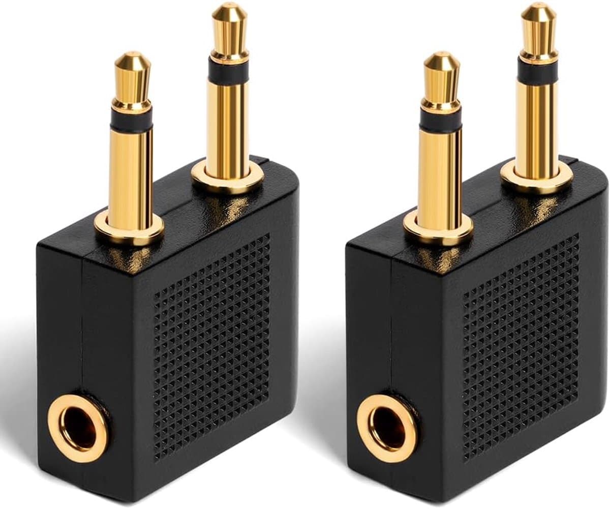 Twee vliegtuighoofdtelefoonadapters - 3,5 mm hoofdtelefoonaansluiting - verguld, universeel - geschikt voor multimediasystemen — afbeelding 1