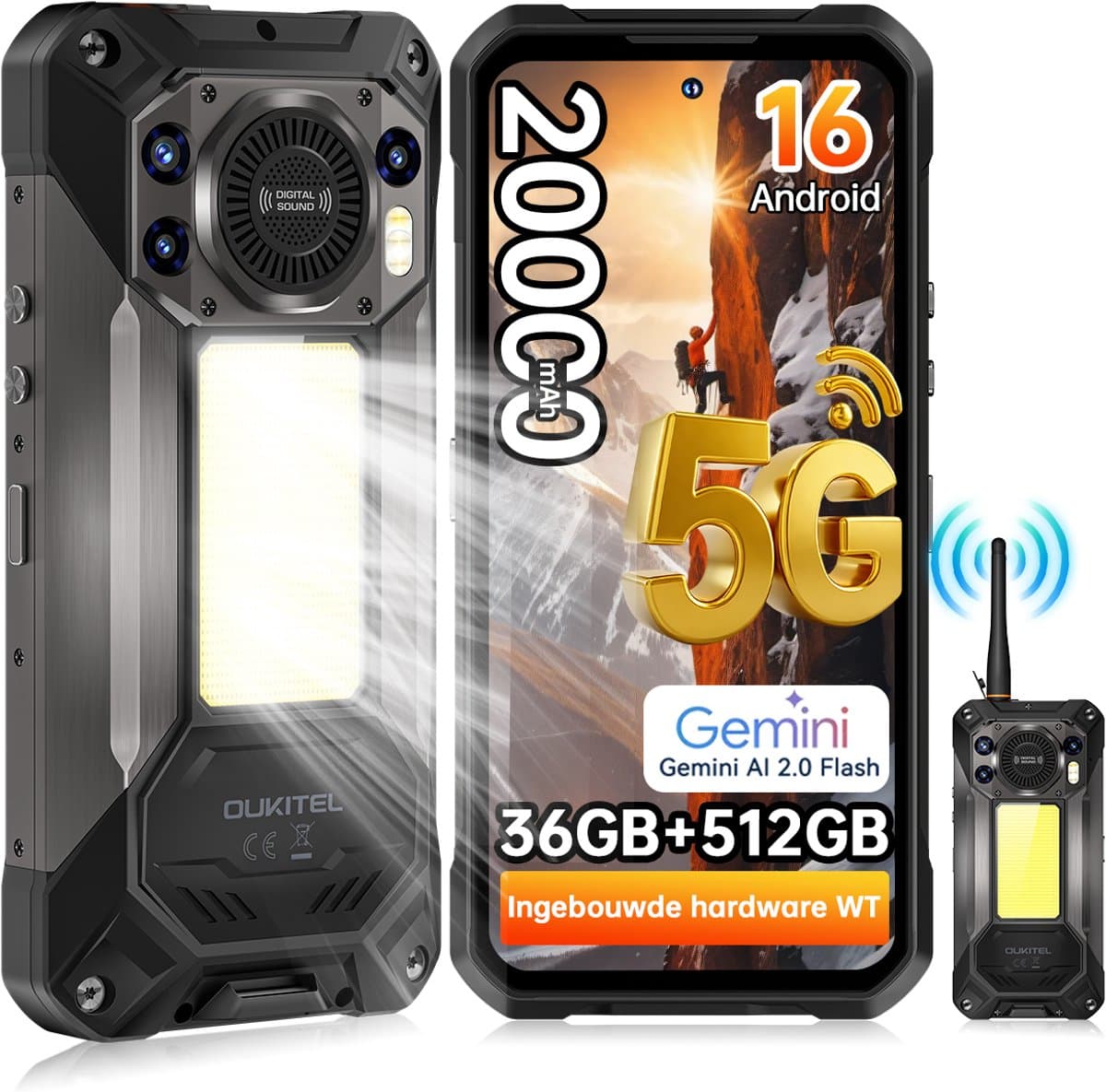 OUKITEL WP61 Plus Rugged Smartphone 5G - 2W DMR Walkie -talkie - 36GB RAM - 512GB ROM - 6,78 inch 120Hz - 20000mAh 45W - 108 + 32MP Camera, met Nachtzicht - Android 16 - 120 LM Kampeerlamp - 130 dB Luidspreker - IP68/IP69K telefoon - NFC GPS - Zwart — afbeelding 1