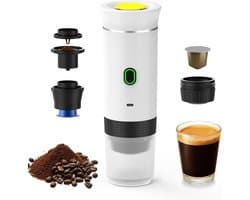 Draadloze koffiemachine voor in de auto, thuis en op reis. 3-in-1 elektrische koffiemaker, geschikt voor capsules en gemalen koffie. Mini cold brew en verwarmde koffiemachine met 15 bar koffiekopje (wit).