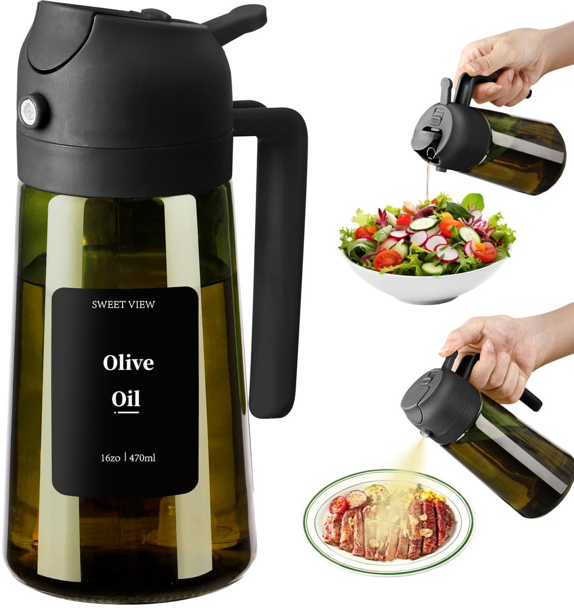 Olijfolie Sprayer - Glas - Olijfolie Fles Verstuiver voor Keuken - Oliefles - Olie Pomp Bakspray - Handmatig spuiten of gieten - Buiten bereik van licht bewaren - voor airfryer, koken, salade en BBQ-470 ML - zwart — afbeelding 1