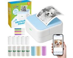 TinyPlay Mini Printer 300 DPI - Pocket Printer - 13 rollen papier in kleur, Sticker en wit - Mobiele fotoprinter - voor Smartphone - Thermische draagbare printer - Thermal miniprinter