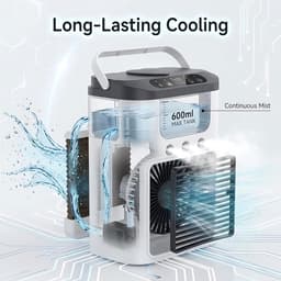Ventilator - Draagbare luchtkoeler en ventilator - mini airco met 3 snelheden & 3 sproeistanden, 600 ml watertank, RGB-verlichting, oplaadbare mini-tafelventilator（roze） — thumbnail 4