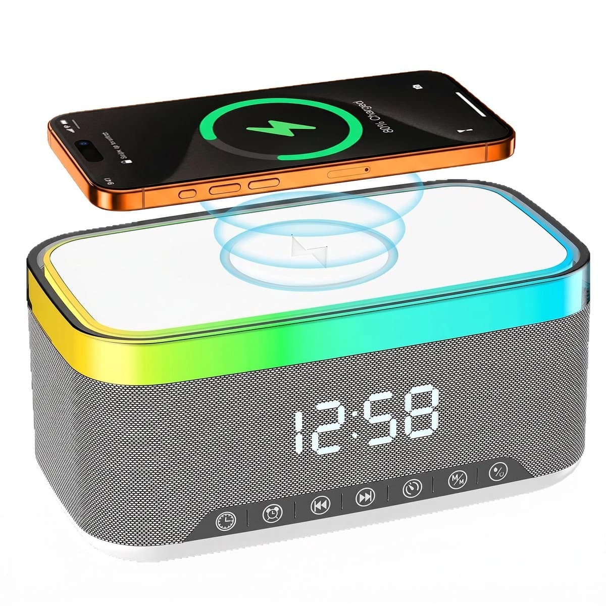 carmdering - Radio Wecker - Digitale Wekkerradio -Slimme Wekker - Digitale Klok Slaapkamer - Wekker voor kinderen & volwassenen - 6-in-1 Bluetooth-luidspreker & 15W Draadloos Oplader - Wit Metaal - FM-radio — afbeelding 1