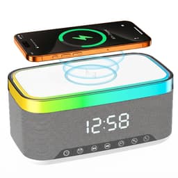 carmdering - Radio Wecker - Digitale Wekkerradio -Slimme Wekker - Digitale Klok Slaapkamer - Wekker voor kinderen & volwassenen - 6-in-1 Bluetooth-luidspreker & 15W Draadloos Oplader - Wit Metaal - FM-radio — thumbnail 1