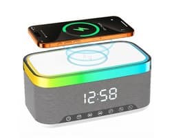carmdering - Radio Wecker - Digitale Wekkerradio -Slimme Wekker - Digitale Klok Slaapkamer - Wekker voor kinderen & volwassenen - 6-in-1 Bluetooth-luidspreker & 15W Draadloos Oplader - Wit Metaal - FM-radio