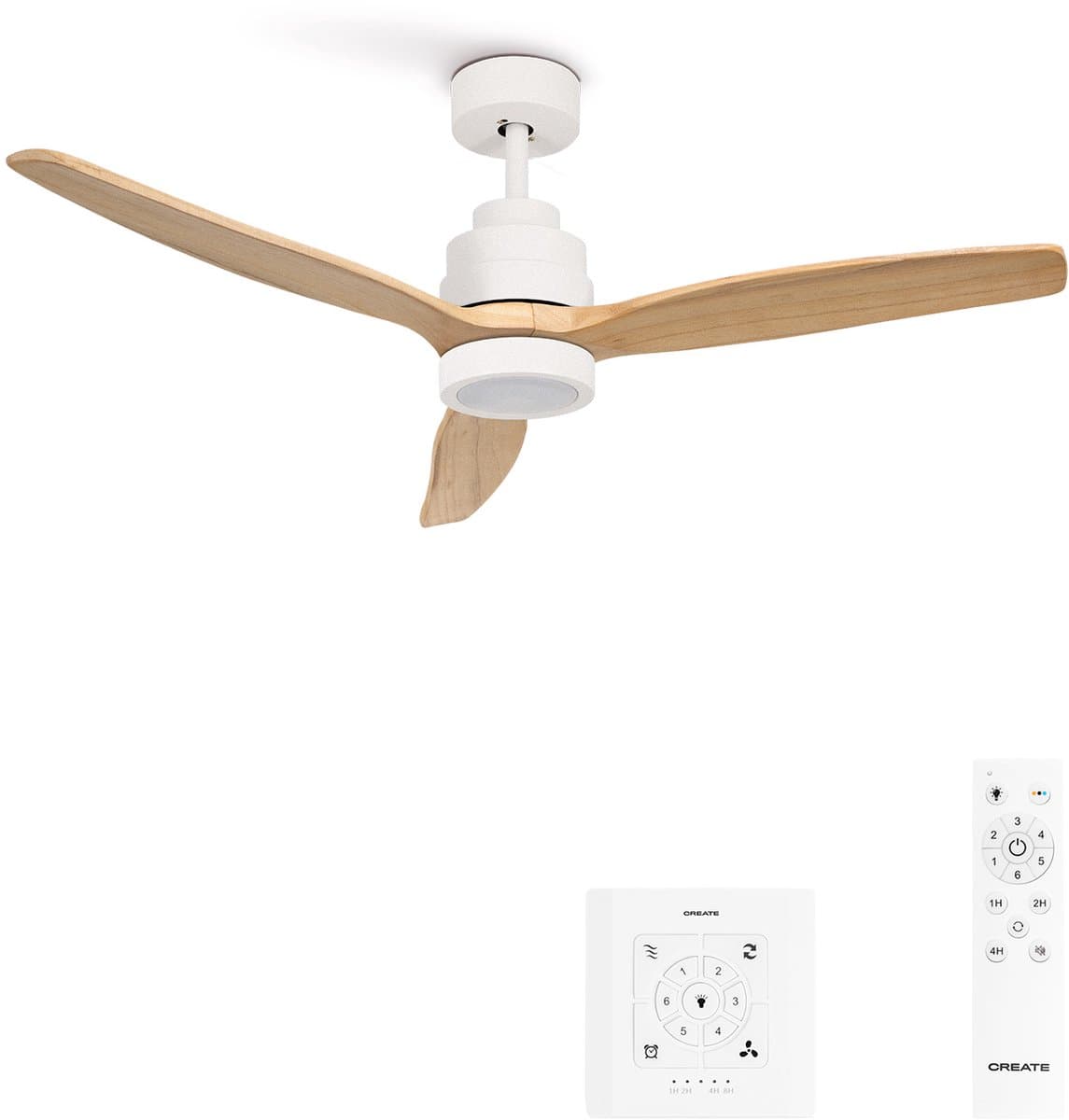 CREATE - Plafondventilator 40W silent 100% hout - Wit / Licht hout - Ø112cm - Met licht - Controller voor wandmontage + afstandsbediening - WIND STYLANCE NATURAL WOOD — afbeelding 1