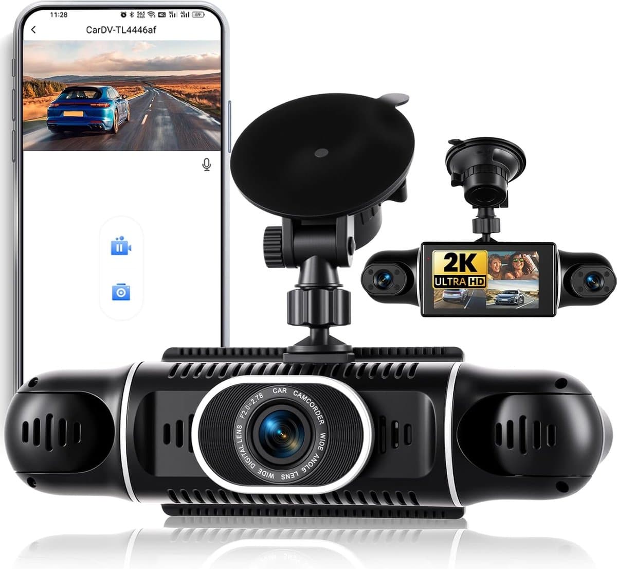 2K Dashcam Auto Voor Achter 4 kanalen, 360 Graden Dashcam 3 Inch met APP, Nachtzicht IR, Loopopname, G-Sensor, parkeerhulp, 24-uurs parkeermodus — afbeelding 1