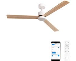 CREATE - Stille plafondventilator 40W met licht - Wit / Licht hout - Ø152cm - WIFI + Afstandsbediening - WIND MODERN