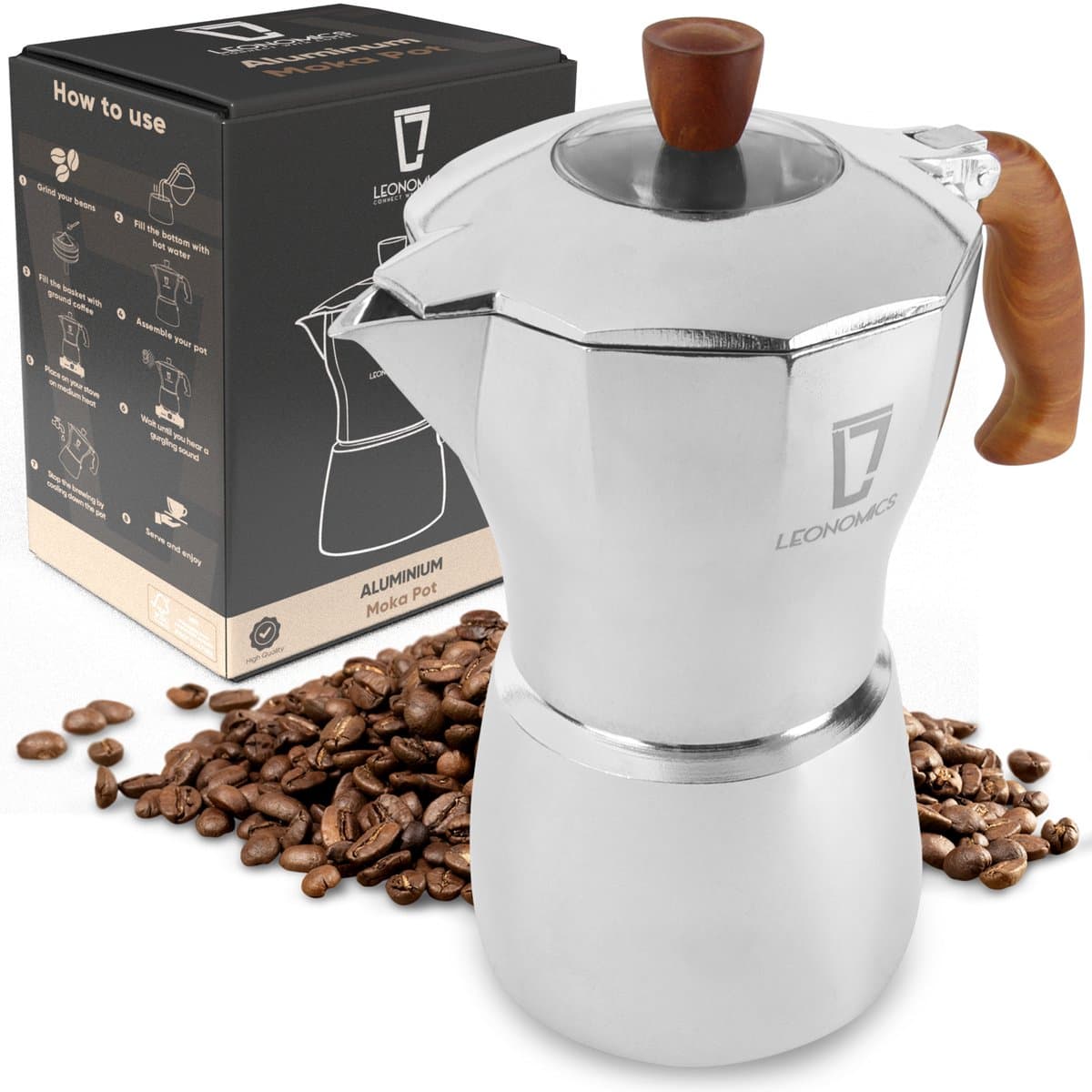Leonomics Percolator 300 ml 6 Koffiekopjes – Aluminium Moka Pot – Espressomaker met houten handvat en vitrinedeksel — afbeelding 1
