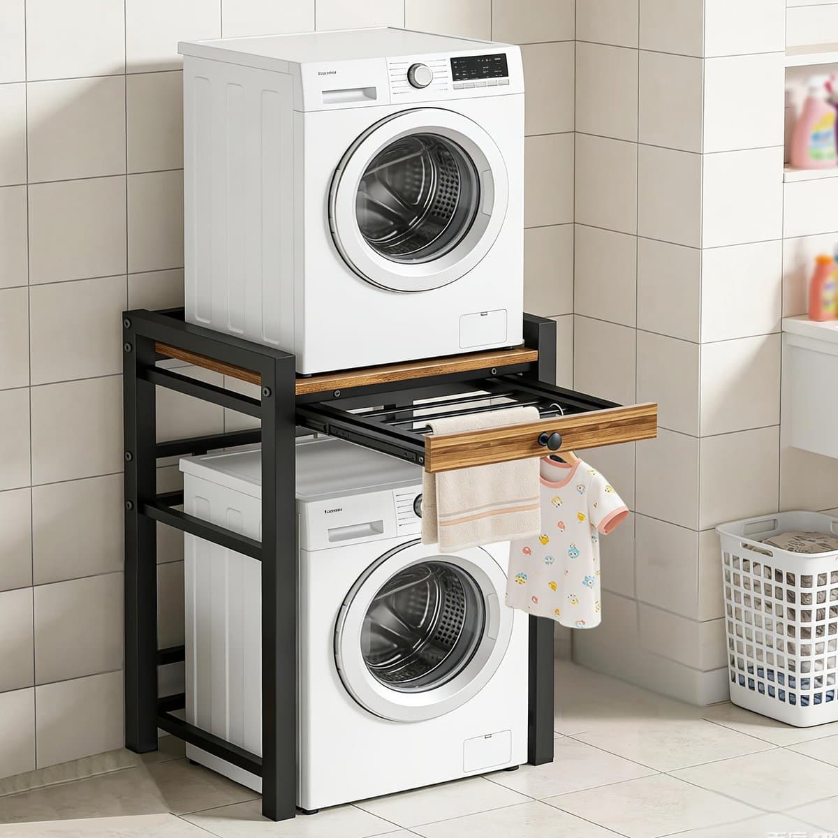 Wasmachine kast met uittrekbare handdoekenrek - Wasmachine/droger combo - met een plank boven de wasmachine - 300 kg laadvermogen - 75 x 65 x 104 cm, zwart. — afbeelding 1