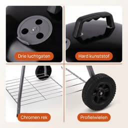 Lomera Kogelbarbecue - Houtskool BBQ - Barbecue met Deksel en Wielen - Asopvangbak - Ventilatiesysteem - Kogelgrill - Opbergrooster - Grillrooster - Kettle BBQ - Voor Tuin en Terras - Camping - Houtskoolbarbecue — thumbnail 5