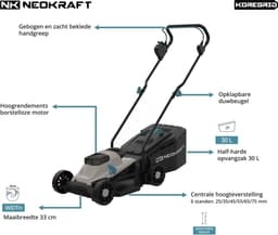 Neokraft - 20V Accu grasmaaier - 33cm maaibreedte - Brushless motor - 5 instelbare maaihoogtes - Incl 30L opvangzak - Incl. 20V 4,0Ah accu & lader — thumbnail 4