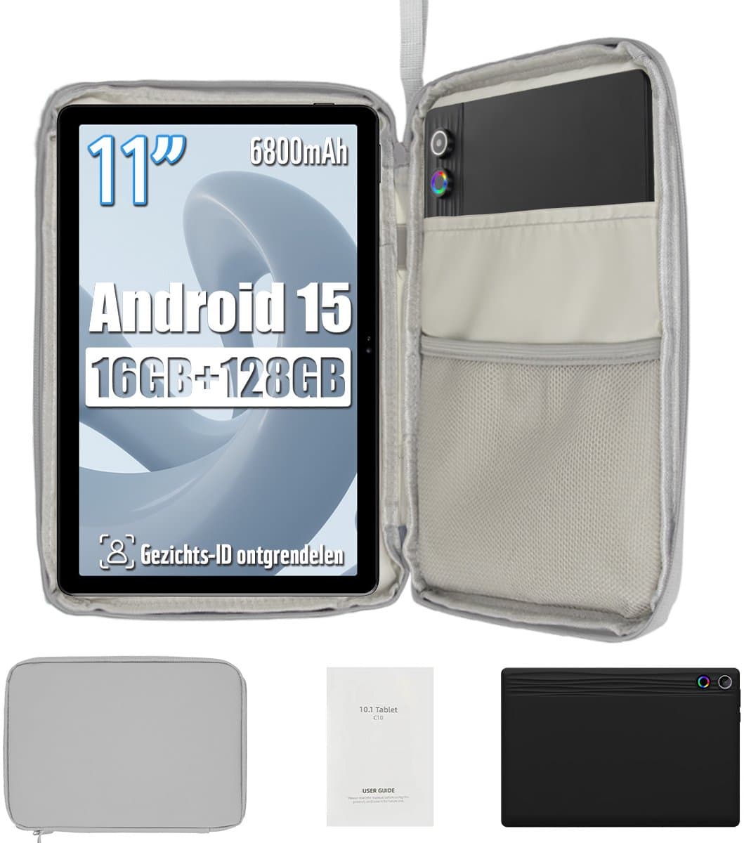 kotsren 11 Inch Tablet - Android 15 Tablets - 16GB RAM+128GB ROM - 6800mAh - 5G WIFI - Kindertablet Met Tablet Hoes Sleeve - Zwart — afbeelding 1