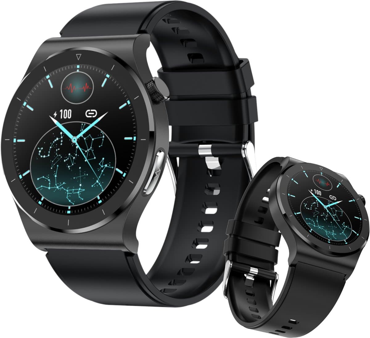 mymonX Smartwatch Heren & Dames - Geschikt voor alle Smartphones - Stappenteller - Gezondheidsrapport - ECG - Bloeddrukmeter - Hartslagmeter - Slaap - Temperatuur - Zwart - 43mm — afbeelding 1