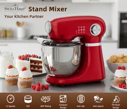 Swiss Haus® KM1905 Keukenmachine – 1000W Keukenrobot – 5L RVS Mengkom met Handgreep – 12 Snelheden – Retro Design – Multifunctionele Keukenmixer met Accessoires - Rood — thumbnail 3