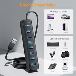 USB 3.0 Hub - USB Hub Extender - Computer Uitbreiding - Zeven Poorten - 1 Meter Kabel - Zwart — thumbnail 2