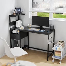 Computerbureau - Computerbureau met stopcontact en opbergplanken – Studie- en schrijftafel met USB-poorten en oplaadstation – PC-bureau/werkstation voor thuiskantoor – Zwart — thumbnail 2