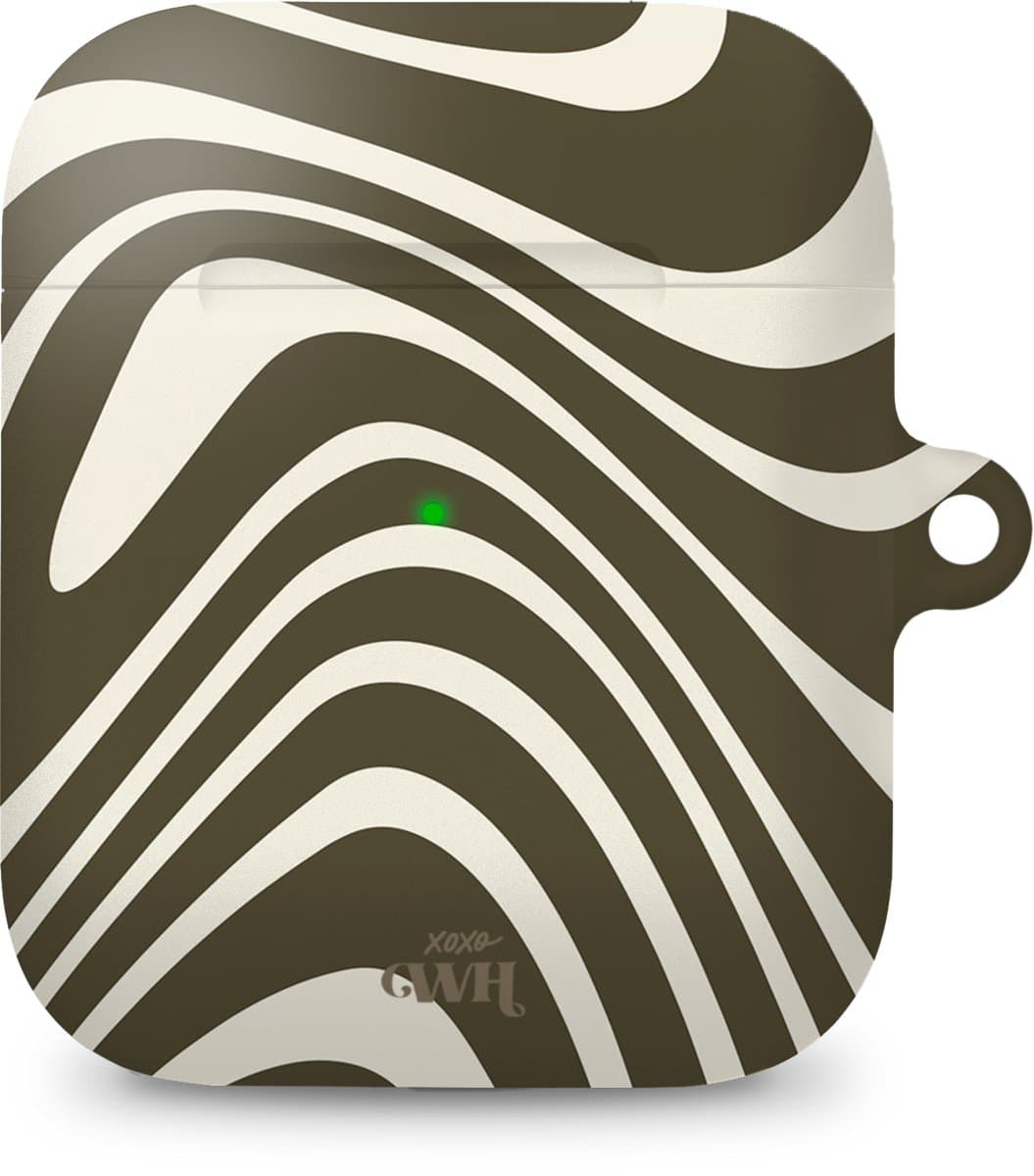 xoxo Wildhearts hoesje geschikt voor Airpods 1/2 - Boogie Wonderland Green - Ook als telefoonhoesje verkrijgbaar - schokbestendige case geschikt voor Airpod 1 en 2 - koptelefoon case - Beschermhoes met golvende print - golven - groen / beige — afbeelding 1