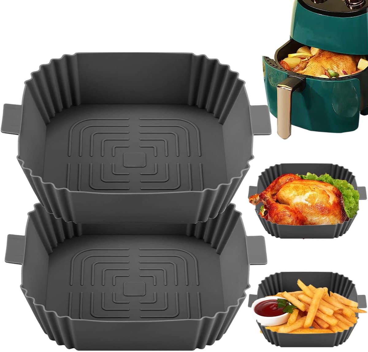 Set van 2 siliconen bakvormen voor airfryers, vierkant (7,9 inch), met handvatten, antiaanbaklaag, hittebestendig tot 240°C, herbruikbaar & vaatwasserbestendig — afbeelding 1