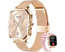 RAYOFI-AMOLED-smartwatch voor dames - Nieuw voor 2025 - 1,75-inch fitnesshorloge met telefoonfunctionaliteit - Twee bandjes - Volledig touchscreen - Vierkant ontwerp - Stijlvol sporthorloge voor dames - Compatibel met Android 4.4+ / iOS 10.0+