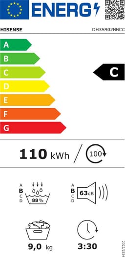 Hisense DH3S902BBCC - Condensdroger - 9 kg - Vrijstaand - Voorbelading - Warmtepomp - Zwart - Draaiknop - TouchControl - 63 dB(A) - Ion Refresh - Allergy Care - Auto Dry — thumbnail 3