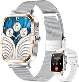 RAYOFI - Smartwatch - Nieuwe damessmartwatch 2026 - 1,75-inch sporthorloge - Met telefoonfunctionaliteit - Dubbele bandjes - Volledig touchscreen - Vierkant ontwerp - Stijlvol damessporthorloge - Zilver - Compatibel met Android 4.4+ / iOS 10.0+ — thumbnail 2