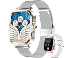 RAYOFI-AMOLED-smartwatch voor dames - Nieuw voor 2025 - 1,75-inch fitnesshorloge met telefoonfunctionaliteit - Twee bandjes - Volledig touchscreen - Vierkant ontwerp - Stijlvol sporthorloge voor dames - Compatibel met Android 4.4+ / iOS 10.0+