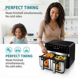 9.4L Airfryer met 2 Kamers & Kijkvenster – Dubbele Heteluchtfriteuse 8-in-1 – Touchscreen & Antiaanbak Mandjes — thumbnail 3