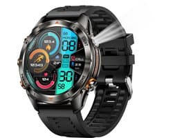 Knobbout Smartwatch 1.46" (3,7 cm) met Krachtige Zaklamp & UV Licht – 3ATM Waterdicht | Bluetooth Bellen | 515mAh Lange Batterij | Sport & Gezondheid Tracker | Full Metal Design - Zwart