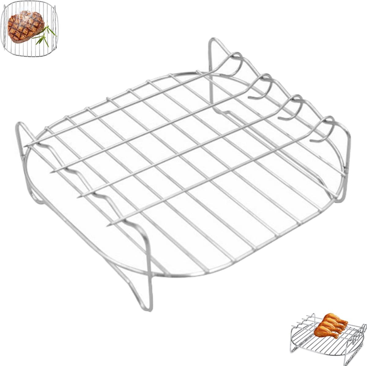 Airfryer accessoire grillrooster - Roestvrijstalen grillpan - Zilver - Dubbellaags grillrooster - Met 4 grillroosters - Airfryer rooster - Dubbellaags airfryer rooster - Dubbellaags kookroosterset — afbeelding 1