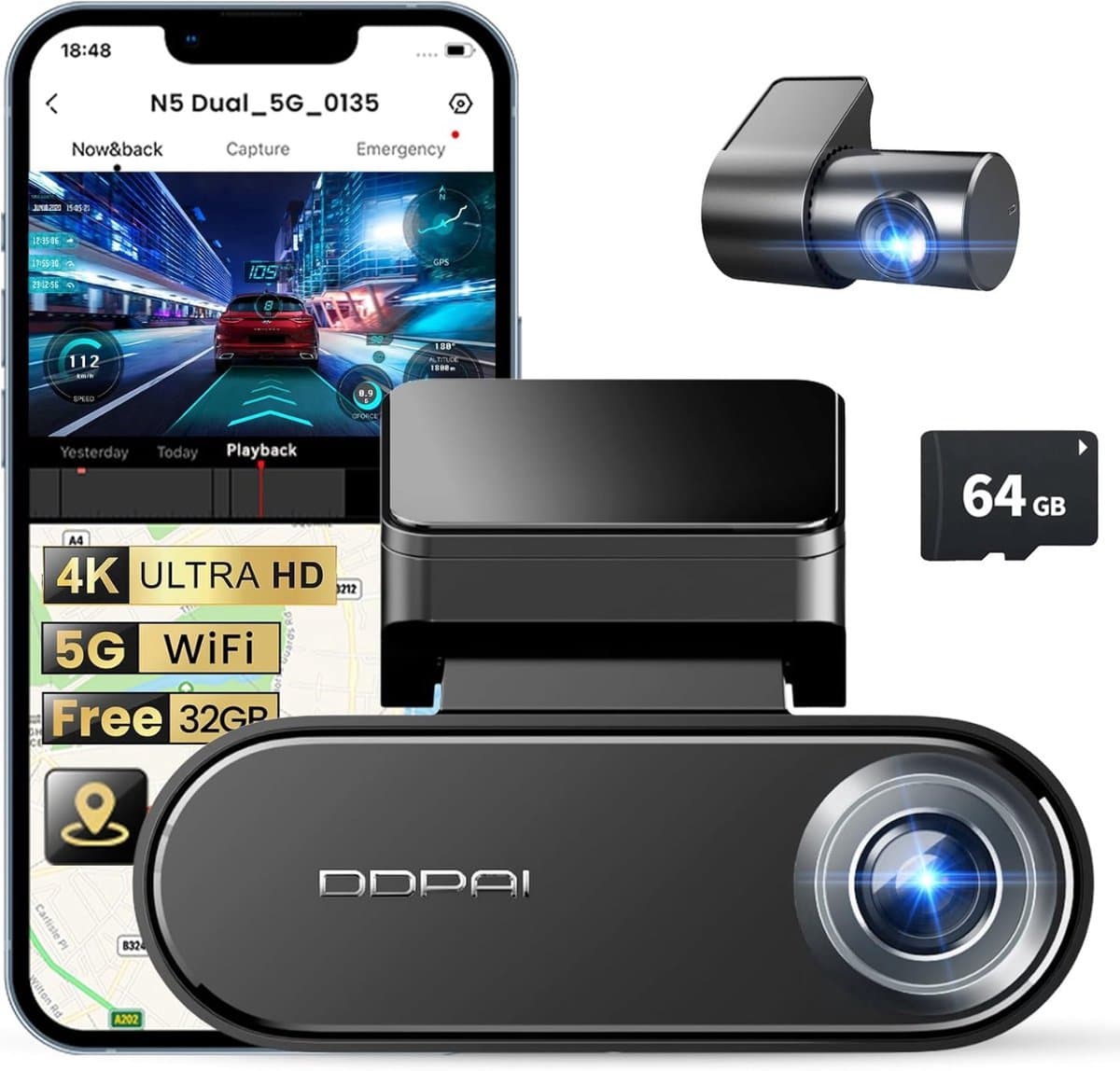 Dashcam Auto met 4K Camera Voor en Achter met 64GB SD Kaart - GPS - Dual Dashcam - DDPAI N5 — afbeelding 1