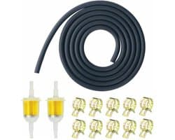 De brandstoffilterset geschikt voor motorfietsen bevat 2 dieselfilters, een 2 geschikt voorer lange brandstofslang van 8 mm geschikt voor grasmaaiers en 10 slangklemmen geschikt voor scooters, motorfietsen, grasmaaiers en motoren.