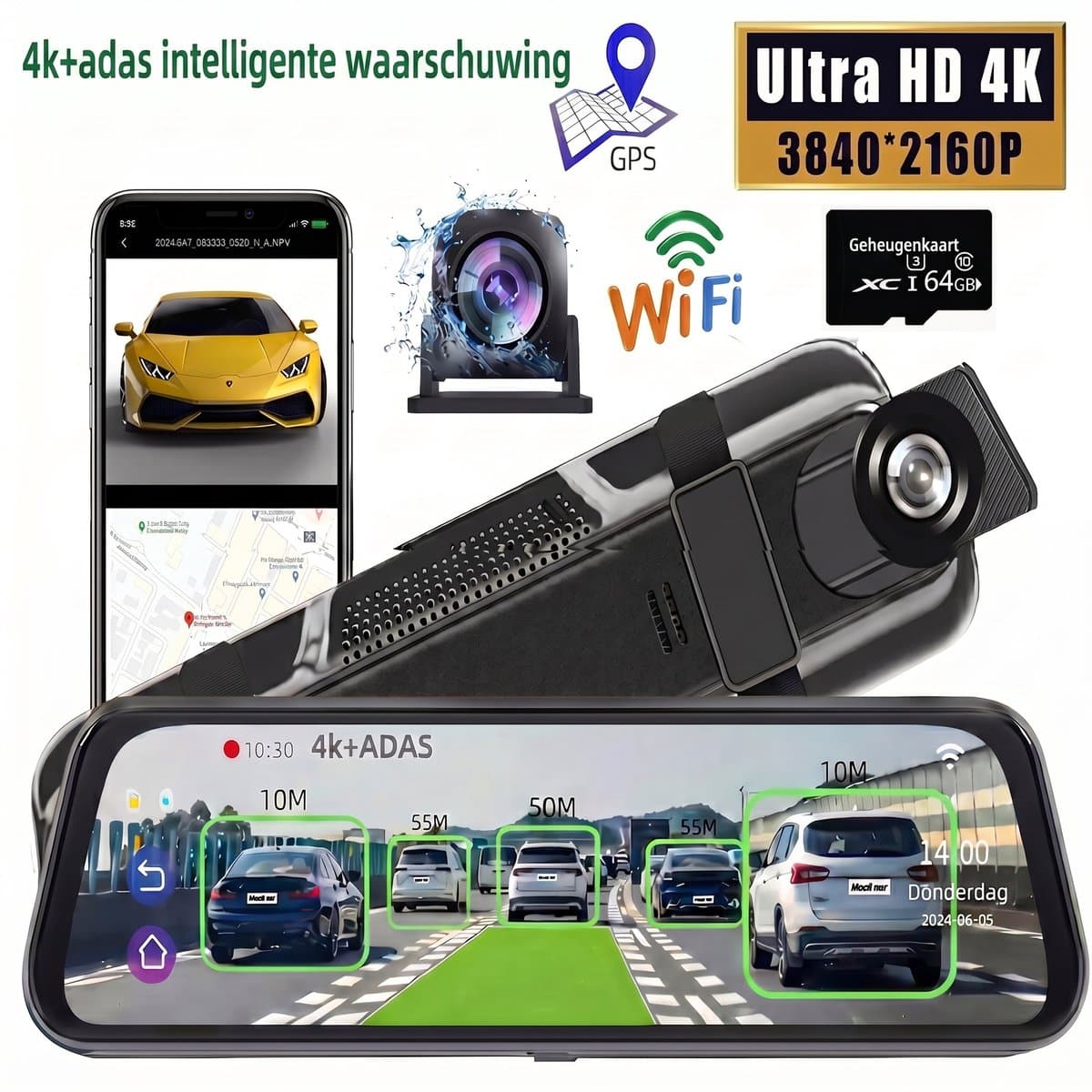 Dashcam Voor Auto - Ultra 4K & 2K - Voor en Achter Camera - Wifi & GPS - 10 Inch met App - ADAS - Dashcams - Nachtzicht - G-Sensor - Met Parkeerbewaking - Incl. 64GB SD-Kaart — afbeelding 1
