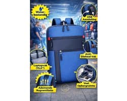 Laptop Rugzak 15.6 Inch – Waterafstotend – USB Oplaadpoort – Zakelijke & School Rugtas – Blauw/Zwart