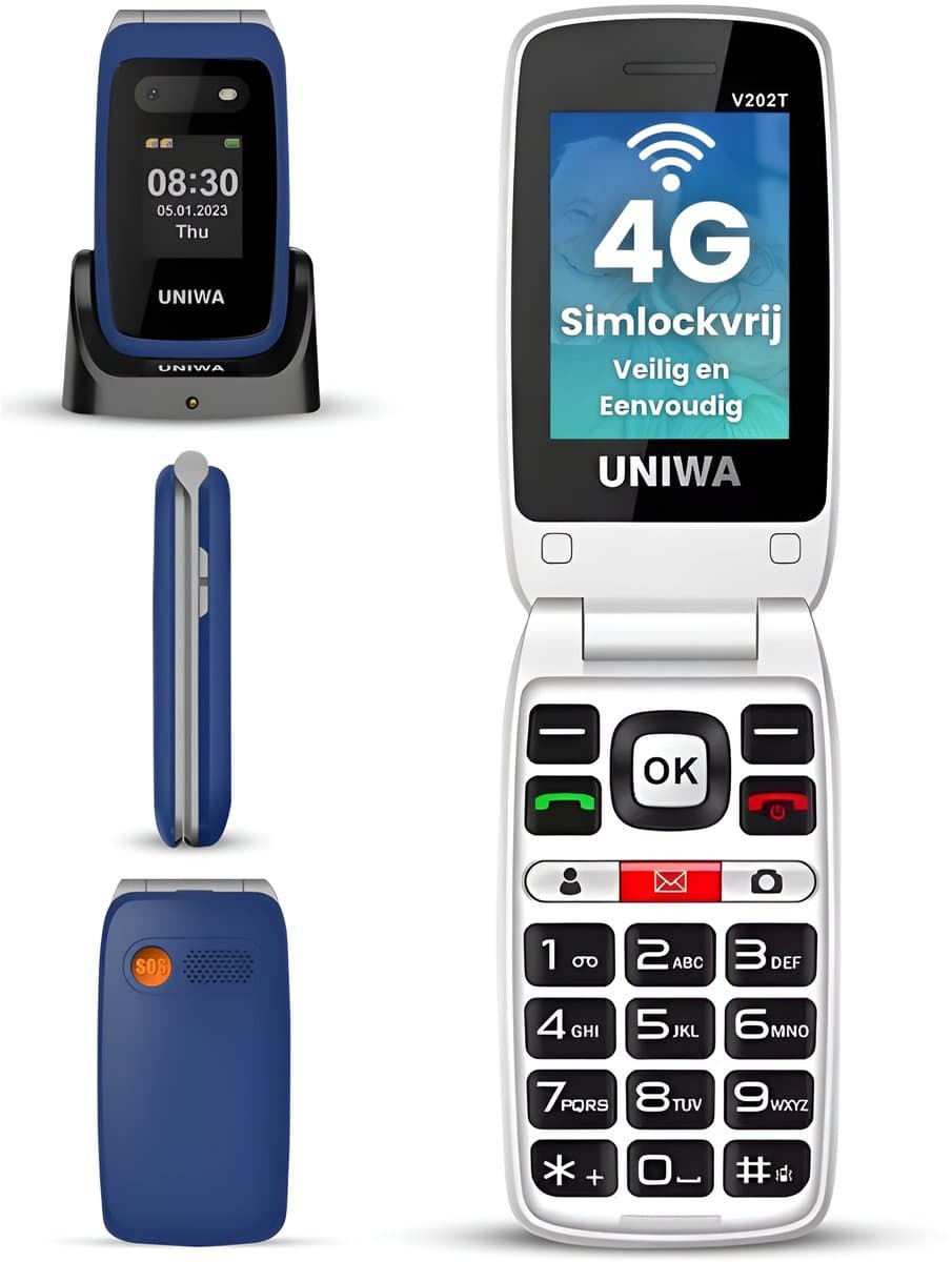 Uniwa V202T Senioren Telefoon 4G Senioren GSM Mobiele Telefoon Klaptelefoon Grote Toetsen SOS Noodknop Simlockvrij Oplaadstation Luid Geluid — afbeelding 1