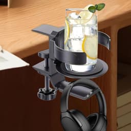 Bekerhouder met Klem - Bureau Organizer - Drankjes en Koptelefoon - 360 Graden Draaibaar - 50 mm Klemdikte - Zwart — thumbnail 4