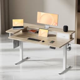 Elektrisch Zit Sta Bureau In Hoogte Verstelbaar 120x60 cm met Lade en USB – Ergonomisch Sta Bureau Computerbureau met Dubbele Opslaglaag, Kabelmanagement en FSC Houten Blad – Beige/HoutlookMobili Bella — thumbnail 4