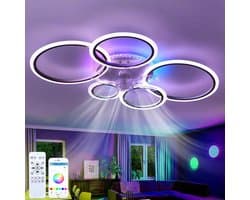 LuxiLamps - 5 Ringen Plafondventilator - RGB - 6 Snelheden - Zwart - Dimbaar Met Afstandsbediening - 12 Kleuren - Moderne Cirkel Ventilator Licht — afbeelding 1