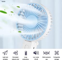 Handventilator - Draagbare Ventilator - Mini Ventilator - USB Oplaadbaar - 3 Standen - Draadloze Tafelventilator - Voor Thuis, Kantoor, Buiten En Reizen - Wit / Blauw — thumbnail 5