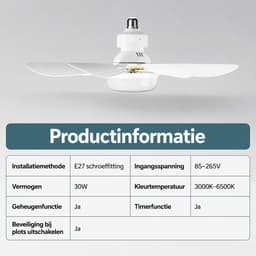 Pelor Plafondventilator met Verlichting E27 - LED Ventilatorlamp met Afstandsbediening - 3 Snelheden - 52 Inch - Wit — thumbnail 4