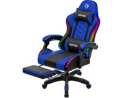 Hoffree RGB LED Gamingstoel met Bluetooth Speaker – Ergonomische Bureaustoel met Massagefunctie, Voetsteun & 180° Verstelbare Rugleuning – Comfortabele Computerstoel voor Gamers & Thuiswerkers – Blauw
