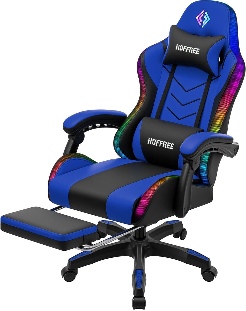 Hoffree RGB LED Gamingstoel met Bluetooth Speaker – Ergonomische Bureaustoel met Massagefunctie, Voetsteun & 180° Verstelbare Rugleuning – Comfortabele Computerstoel voor Gamers & Thuiswerkers – Blauw — afbeelding 1