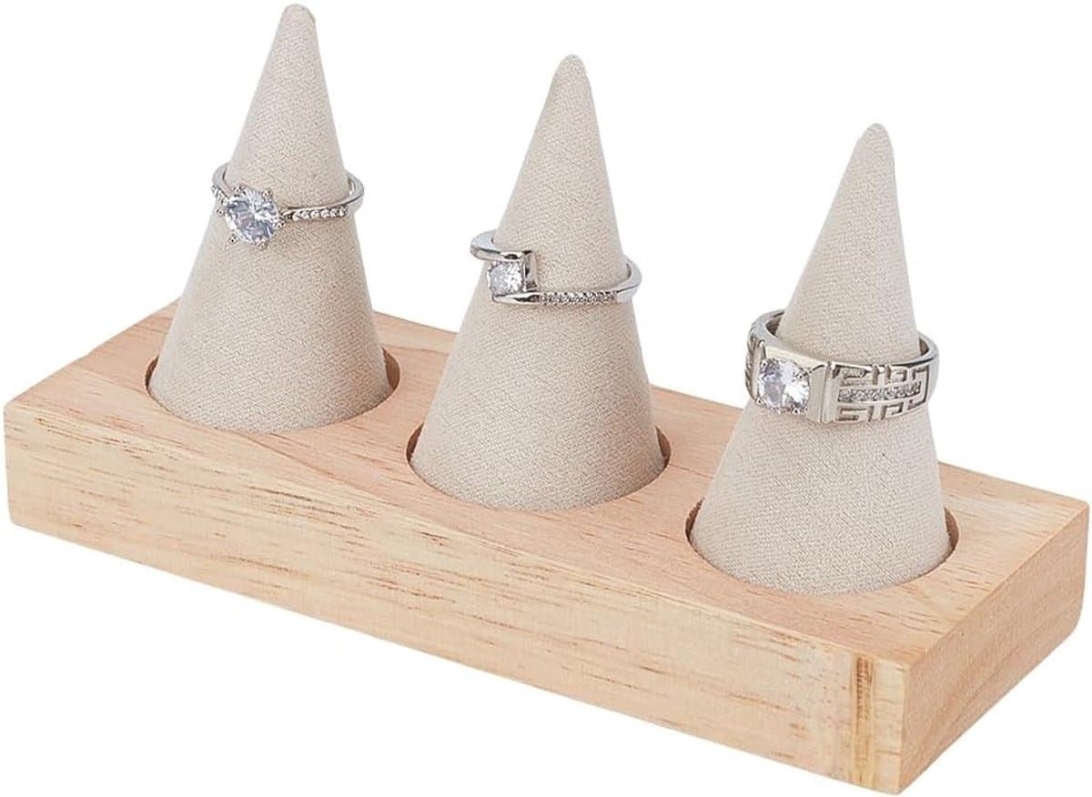 Houten Ringhouder met 3 Conen, Fluwelen Ringdisplay voor Sieraden, Perfect voor Bruiloften en Retail Exhibities, Decoratie voor Opslagruimte — afbeelding 1