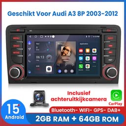 Awesafe Autoradio - Geschikt Voor Audi A3 8P 2003 t/m 2012 - 2GB+64GB - Draadloos Carplay Android Auto - GPS RDS Bluetooth - Navigatie - RAM 2GB + ROM 64GB - Inclusief achteruitkijkcamera - 2003 2004 2005 2006 2007 2008 2009 2010 2011 2012 — thumbnail 1
