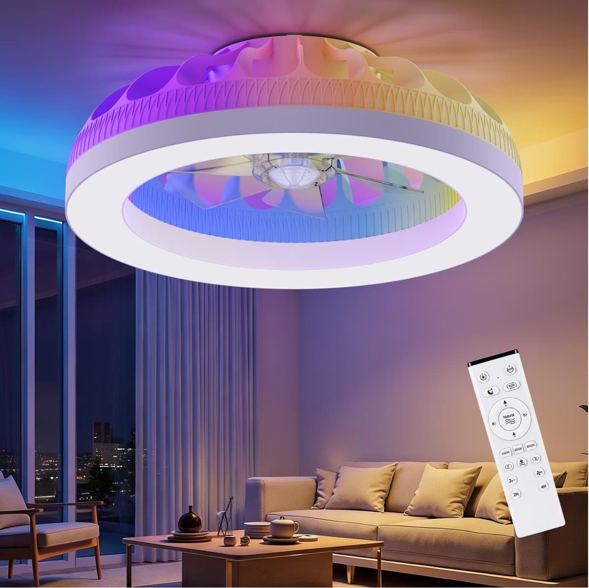 Plafondventilator met RGB Verlichting - Dimbaar - 6 Standen - Ventilator - Keuken Lamp - Woonkamer Lamp - Moderne Lamp - 48 W — afbeelding 1