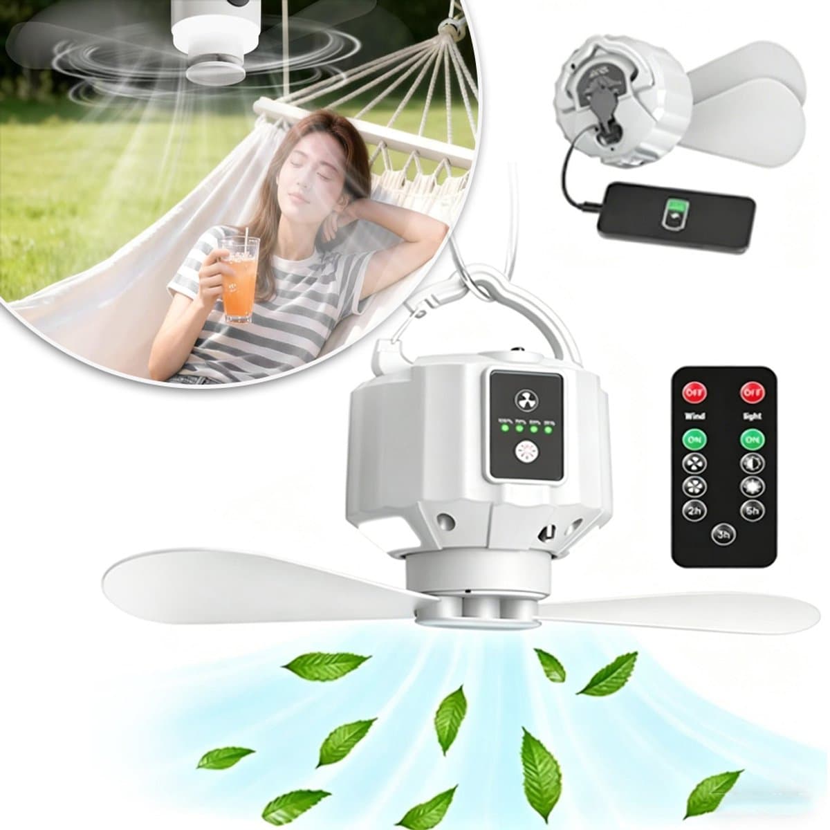 Camping Plafondventilator Met Licht En Afstandsbediening - Tent Ventilator Op 5200mAh Accu - Oplaadbare Ventilator - Hangbare Campingventilator - Essentieel Voor Op De Camping — afbeelding 1