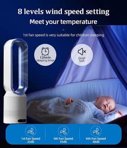 Moderne 2-in-1 torenventilator en bladloze luchtreiniger, bladloze ventilator voor thuis en kantoor, 90 graden oscillerend op voet met afstandsbediening, 8 snelheden, minuut — thumbnail 3