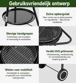 Homelux Draagbare houtskoolgrill + BBQ-spies met bevestigingsclips - Ronde grill met wielen en windscherm - BBQ - Hoogte verstelbaar - roestvrijstalen rooster voor tuin en camping — thumbnail 2